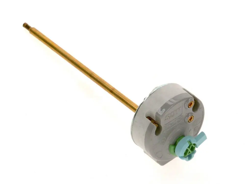 Thermostat von Bosch mit einem runden Gehäuse und einer Metallsonde. Die Anschlüsse sind sichtbar; das Thermostat hat eine grüne Klappe auf der Unterseite.